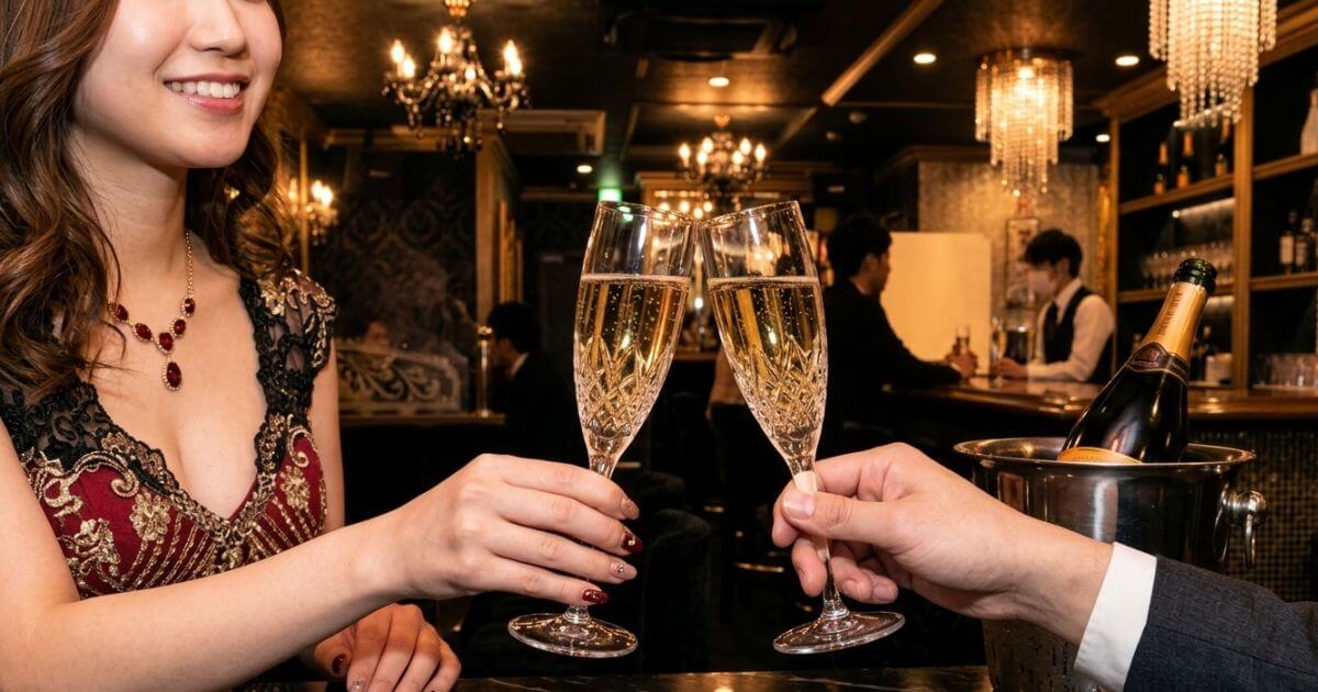 キャバクラの席でシャンパンで乾杯するキャバ嬢と男性客の手元