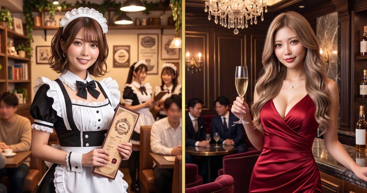左にメイド服の女性、右に赤いドレスの女性