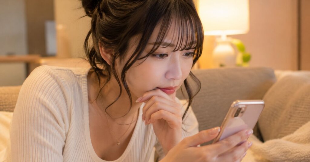 スマホを見る黒髪の女性