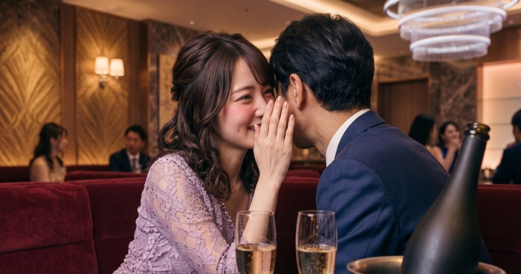 男性客の耳元で照れながら囁くキャバ嬢