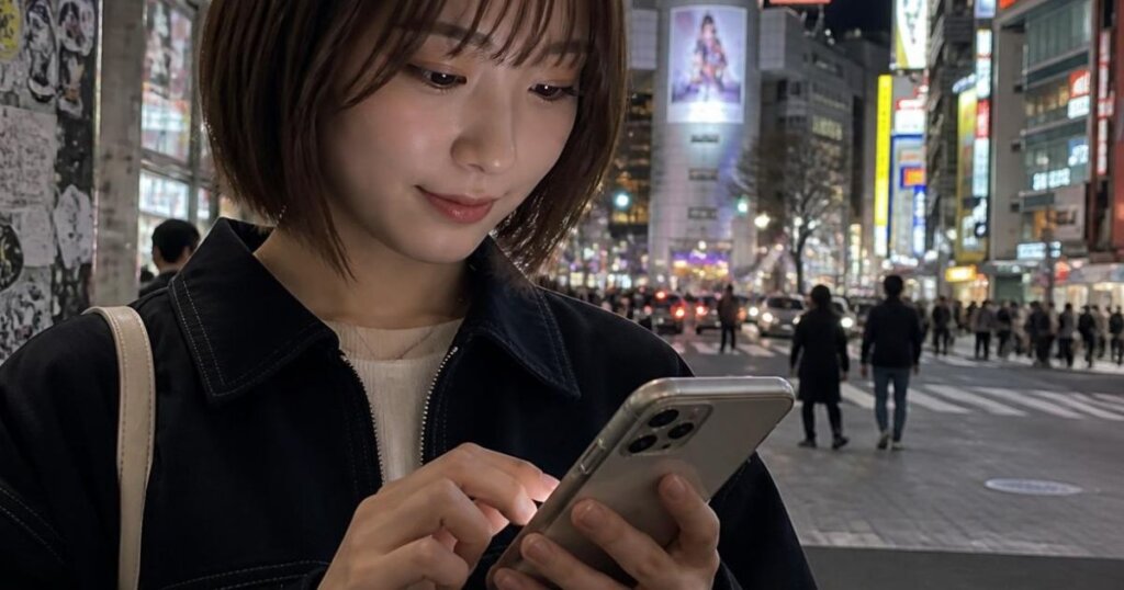 スマホを触っているボブスタイルの女性