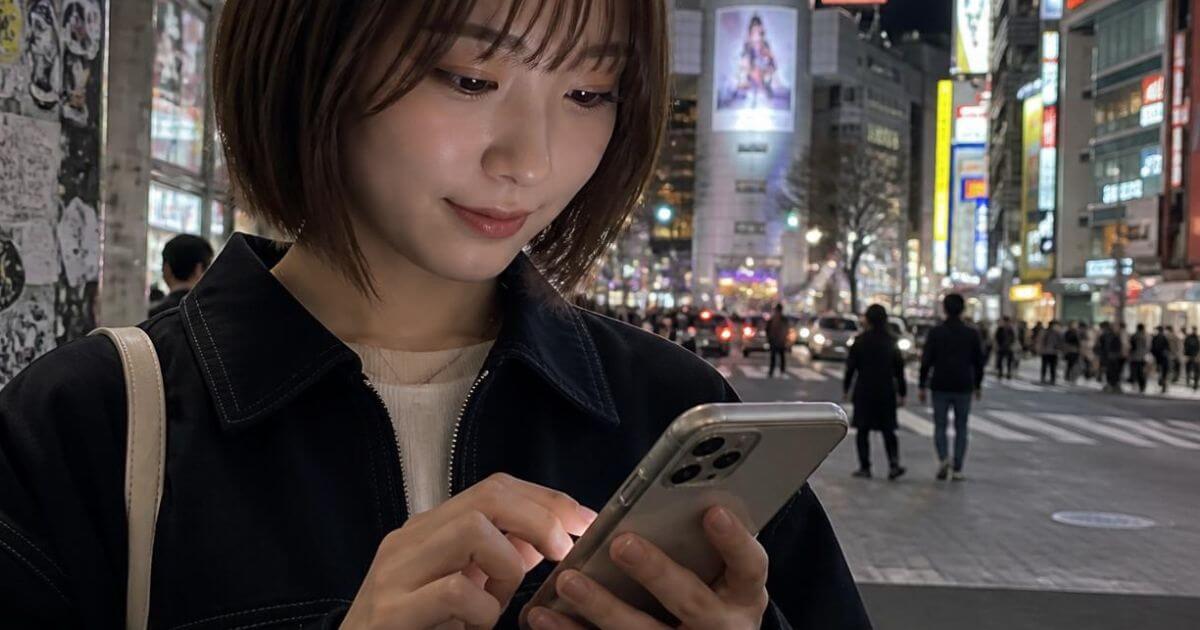 スマホを触っているボブスタイルの女性
