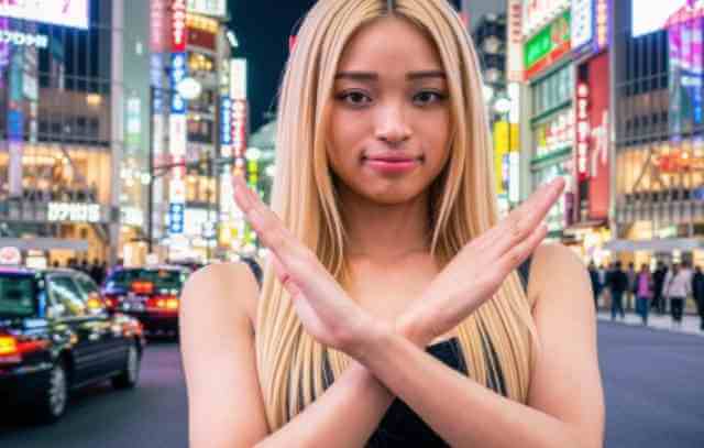 夜の街でNGポーズをする金髪ギャル