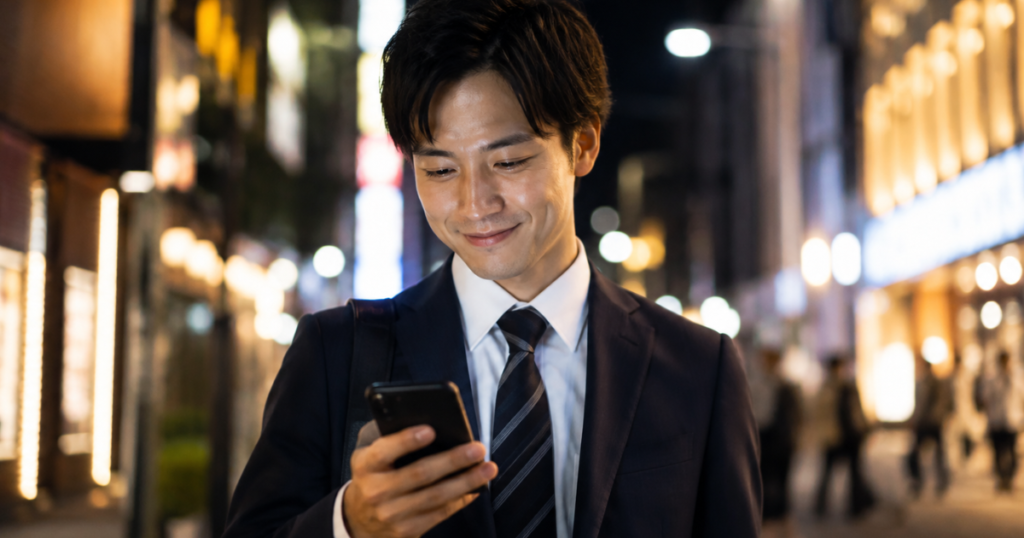 夜の繁華街でスマホを見て笑顔のスールの男性