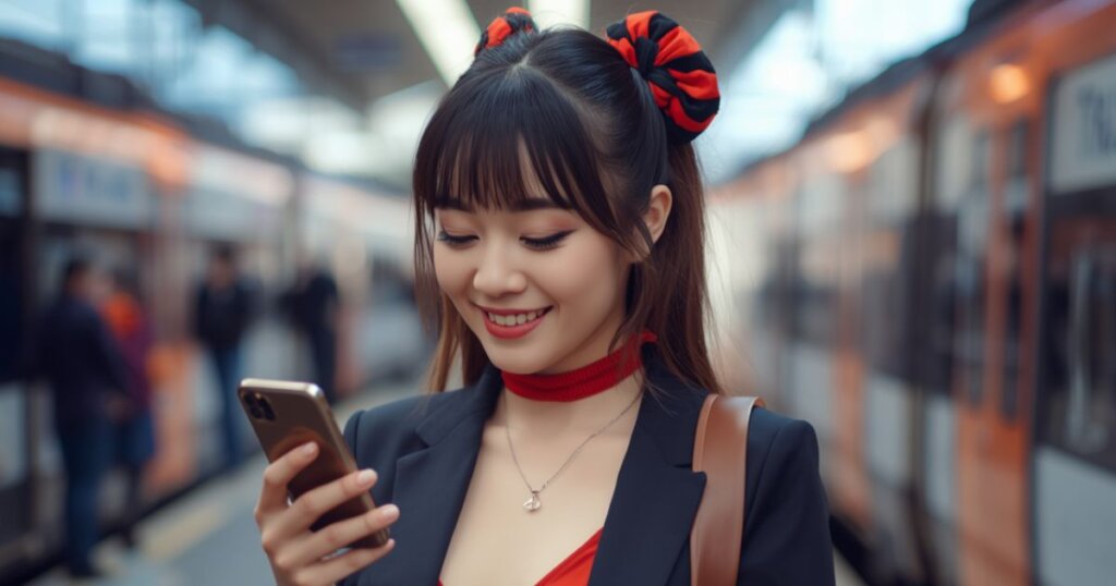 にやりと笑いながらスマホを見ている若い女性
