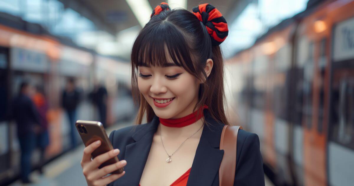 にやりと笑いながらスマホを見ている若い女性