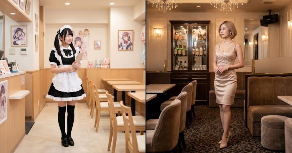 右側：ボブのベージュのサテンのドレスを着たキャバ嬢がキャバクラに一人で立っている 左側：メイド服の黒髪の女の子メイド喫茶に一人で立っている。