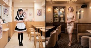 右側：ボブのベージュのサテンのドレスを着たキャバ嬢がキャバクラに一人で立っている 左側：メイド服の黒髪の女の子メイド喫茶に一人で立っている。