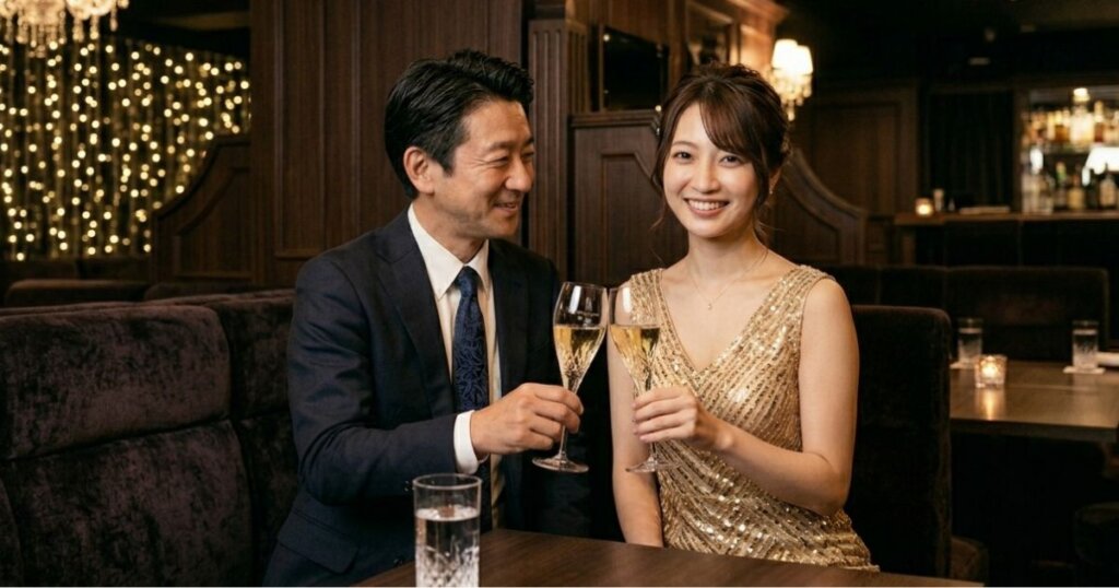 男性客と乾杯するキャバ嬢