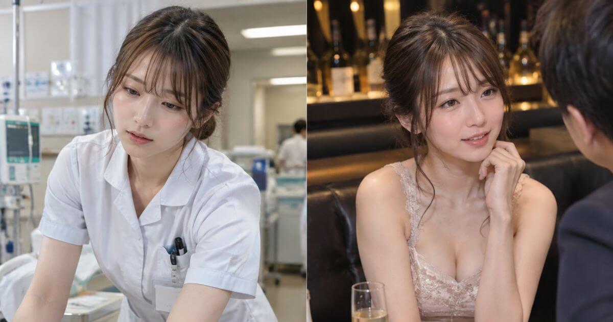 左側に白い制服を着た看護師の女性、右側にドレスを着たキャバ嬢