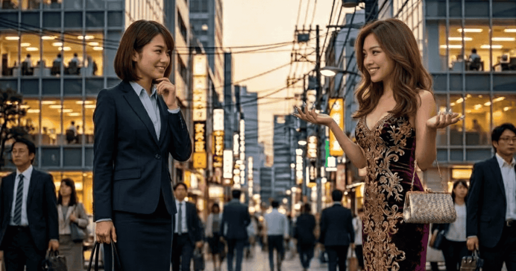 繁華街で向き合って話すOLとキャバ嬢