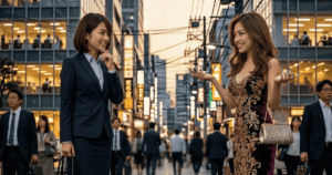 繁華街で向き合って話すOLとキャバ嬢