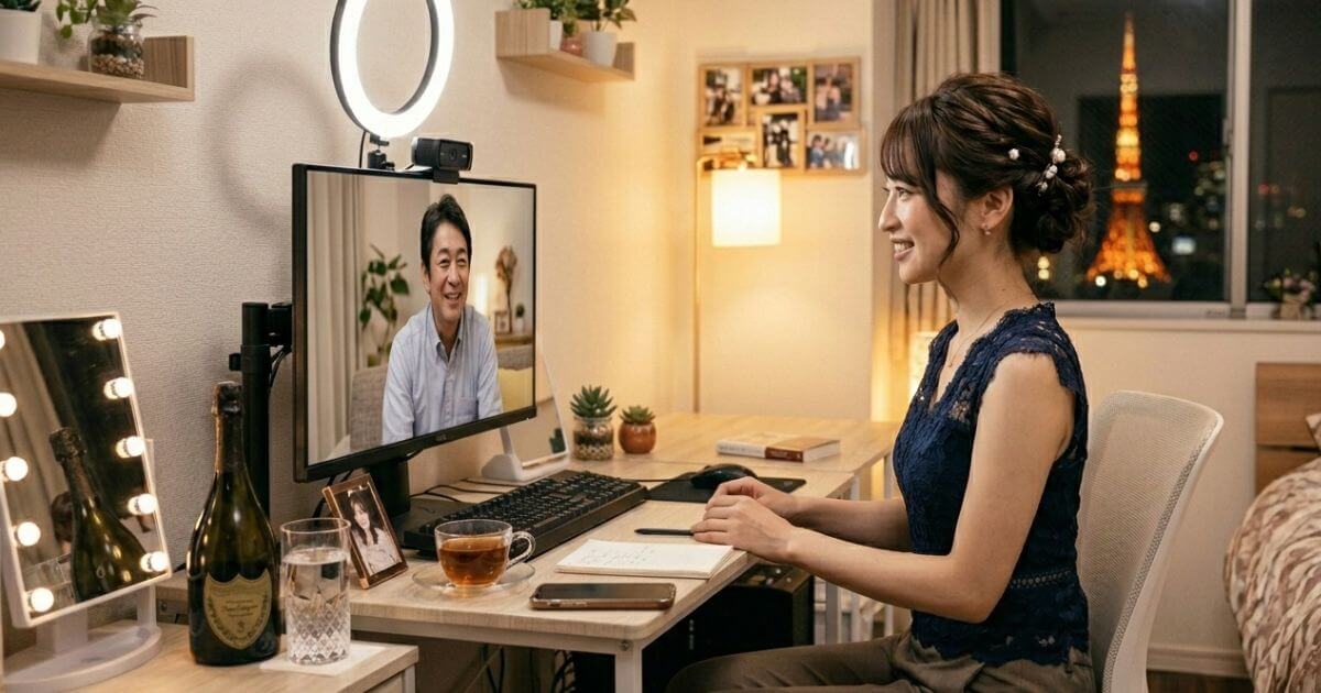 自宅でオンラインキャバクラする若い女性