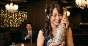 キラキラにデコレーションされたワインボトルを顔の近くに持って笑顔のキャバ嬢と男性客