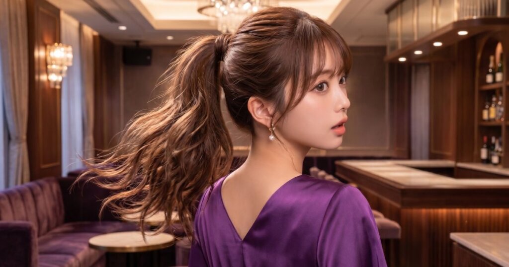 向こうを向いているポニーテールのキャバ嬢が、振り返る瞬間。