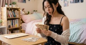 お札を数える女性