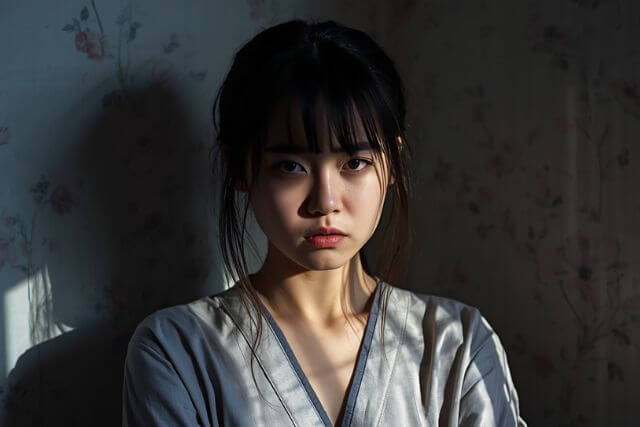 暗い部屋でこちらを見る若い女性