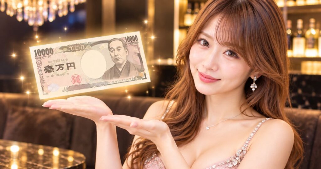 手のひらを上に向けて、何かを上に乗せるようなポーズをしているドレスを着た女性。一万円札のイラスト