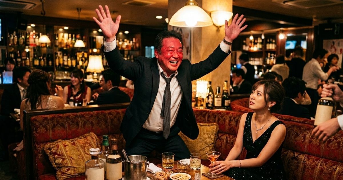 顔が真っ赤な男性客がキャバクラのソファから立ち上がって笑顔で両手をあげている。キャバ嬢は座って見上げている