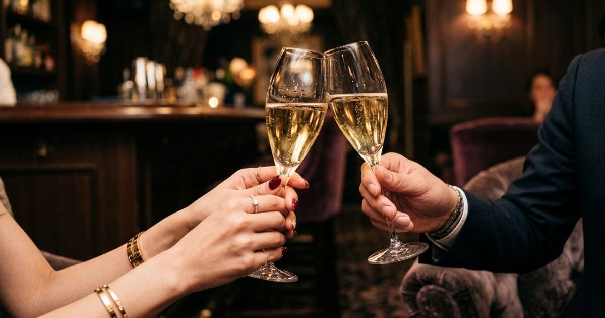 シャンパングラスで乾杯する男女の手元