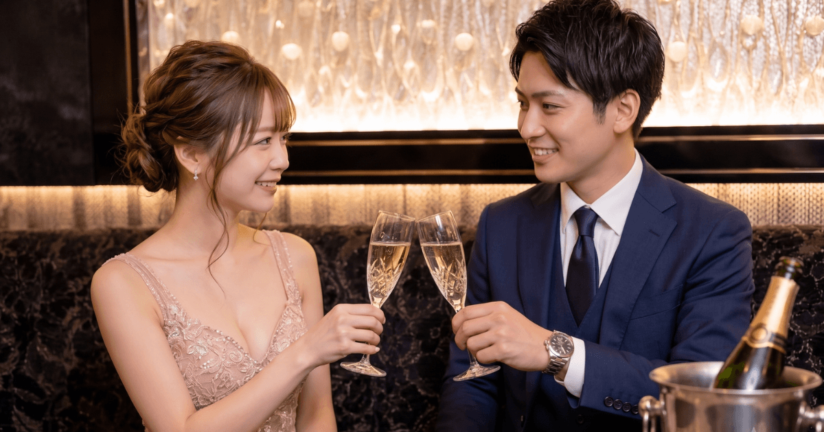 男性とシャンパンで乾杯するキャバ嬢