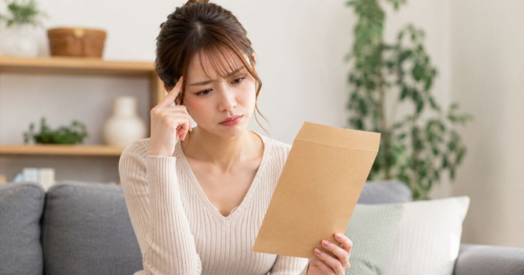 茶封筒を見て頭を傾げる若い女性