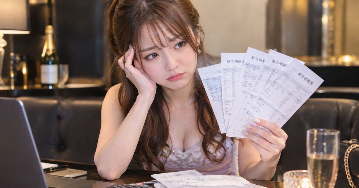 何枚かの紙を持って頭を抱えるキャバ嬢