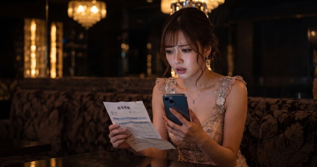 女の子が右手にスマホ、左手に給与明細を持って、怯えたような、怖がっているかのような表情