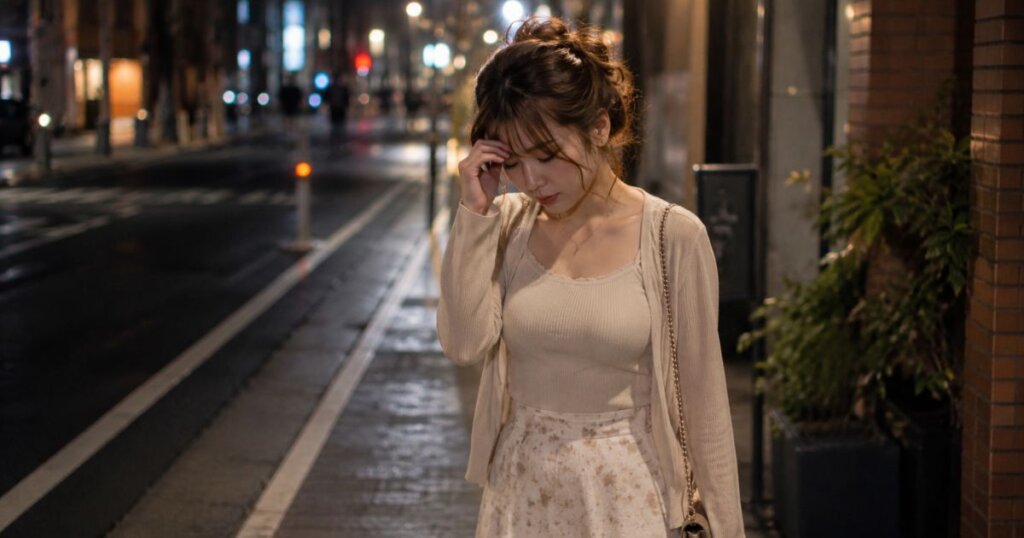 夜道、とても疲れている様子の女の子