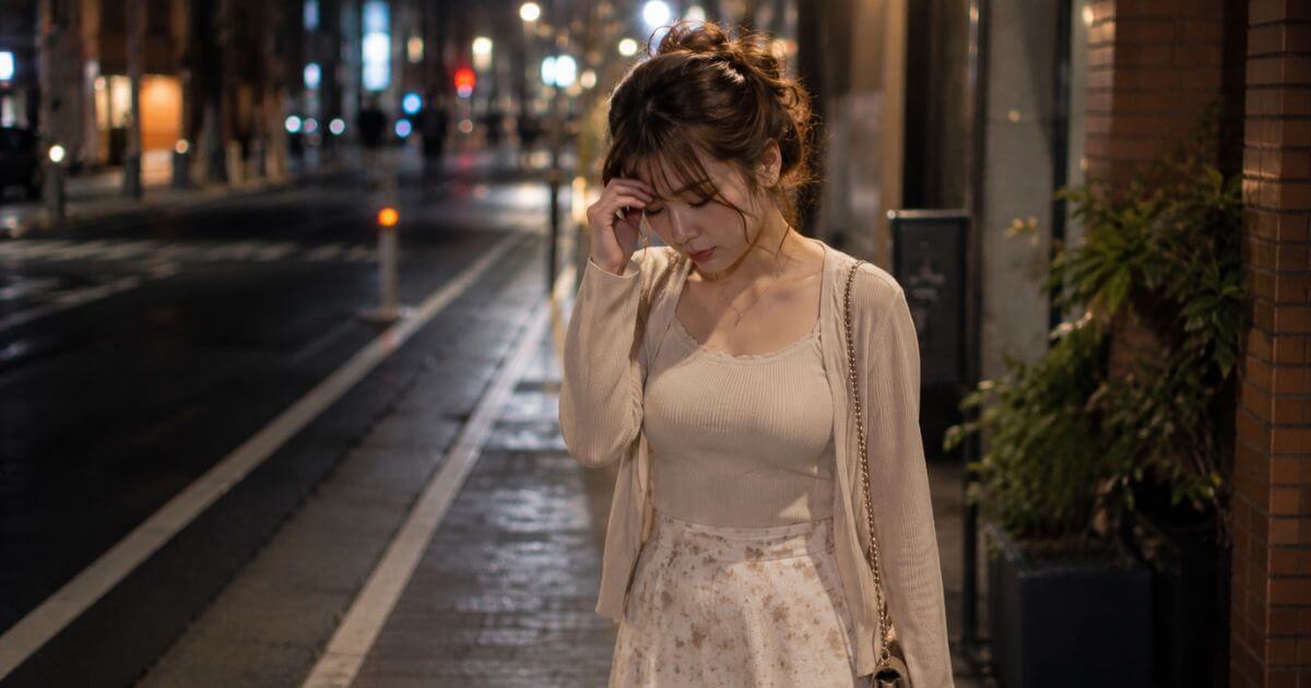 夜道、とても疲れている様子の女の子