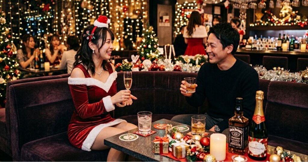 サンタのコスプレをして男性に接客するキャバ嬢