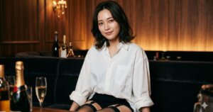 ワイシャツを着てソファに座る女性
