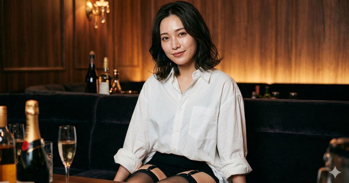 ワイシャツを着てソファに座る女性