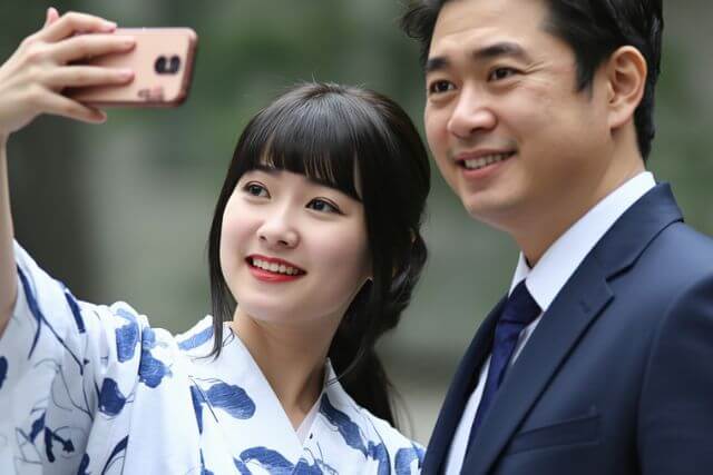 浴衣姿の女性とスーツ姿の男性がスマホで写真を撮っている様子