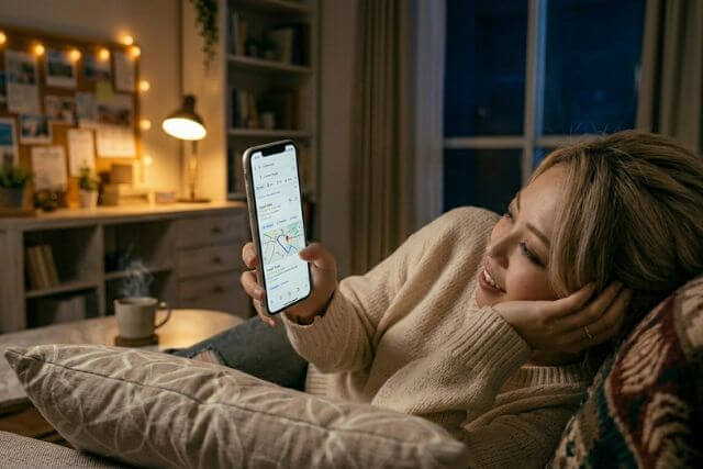 ソファに寝転んでスマホを見る女性