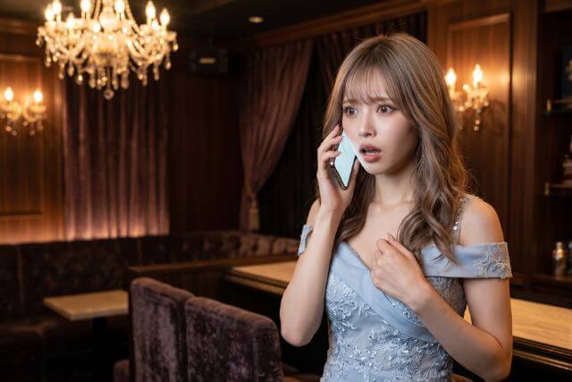 水色のドレスの女の子が電話して驚いた表情