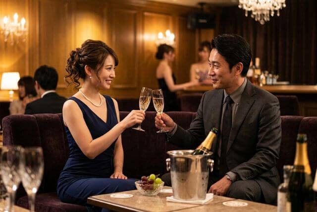シャンパンで乾杯するキャバ嬢と男性客