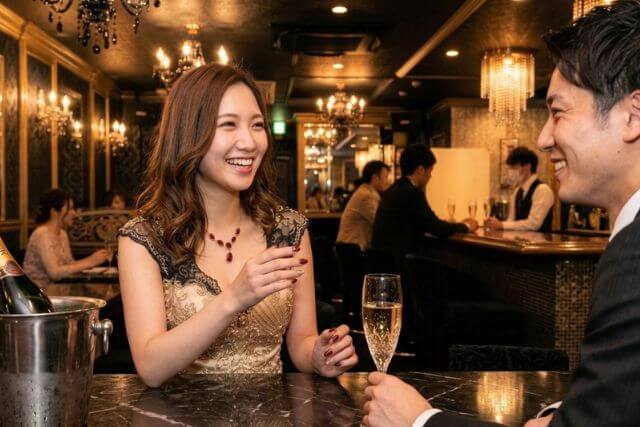 ゴールドのドレスを着たキャバ嬢が男性客と談笑している様子